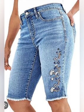 Flamingals Denim Shorts Mid Rise Stretchy Raw Hem Floral Embroidery Shorts XL